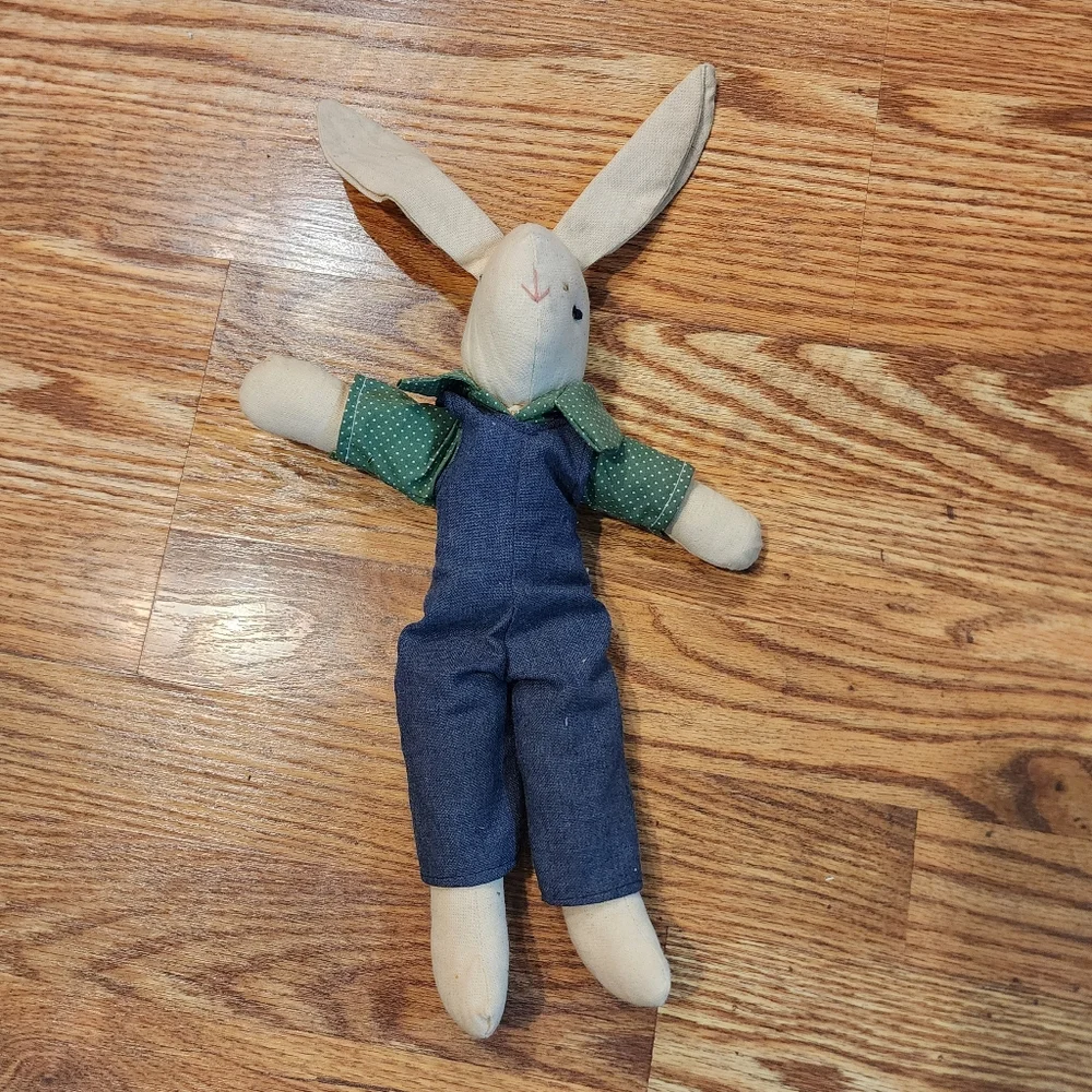 Rustic Primative Boy Bunny in Overalls and a Green Polka-dot Shirt approx. 13